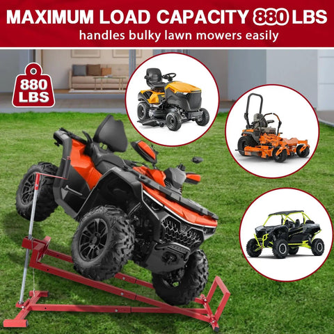 Upgraded Telescopic Lawn Mower Lift Jack with riding mower, 880 lb capacity, heavy duty steel, anti-slip foot, in use on grass.