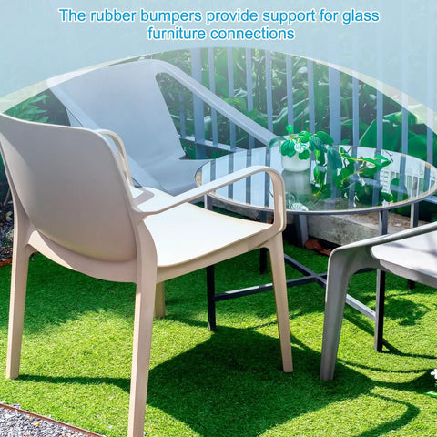 Pack Of Eight Clear Glass Table Bumpers With Solid Stems And Grippy Non Slip Bottoms That Slide Right Into Quarter Inch Holes in outdoor patio setting.