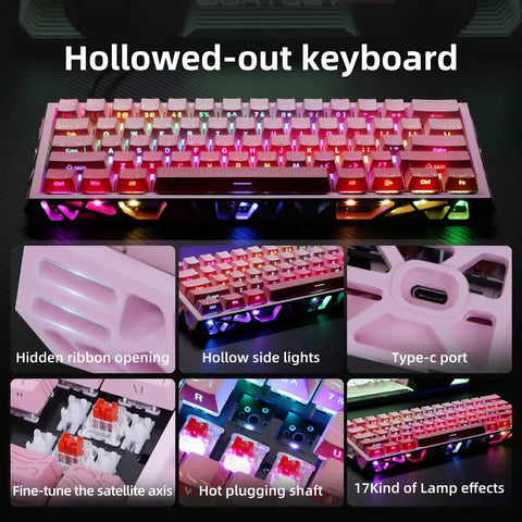 Dope Compact Mechanical Gaming Keyboard With 61 Hot Swappable Keys Offering 17 Flexible RGB Effects To Level Up Your Gameplay And Enjoy Smooth Typing Sessions with hollowed-out design and RGB backlighting.