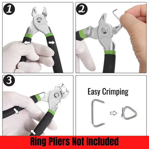 Image of instructions using ring pliers with Galvanized Hog Rings Set For Upholstery And Fencing, Three Quarters Inch.