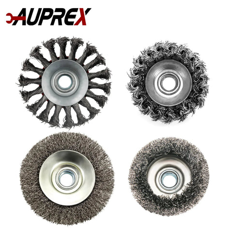 Front view of AUPREX 4-pack carbon steel wire wheel and cup brushes for 4-1/2 in angle grinders