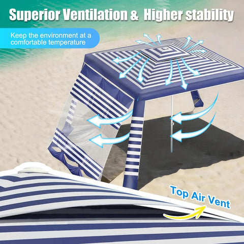 Eight By Eight Foot Beach Cabana Tent With Sun Shield UPF 50 Plus Foldable Outdoor Canopy Detachable Side Wall on sandy beach