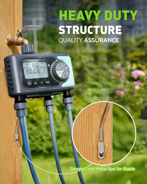 Four Zone Sprinkler Timer With Four Outlets For Automatic Lawn Watering attached to outdoor wooden post