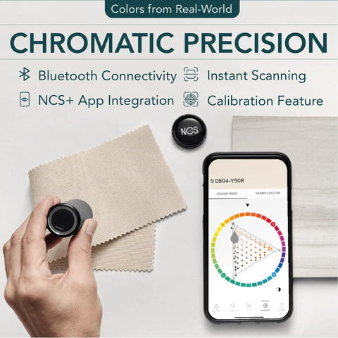 Bluetooth Color Reader For Designers, Instantly Scan And Match Colors, Then Share Swatches With A Portable Color Matching Tool, Includes Calibration Cap And USB Cable For Easy On The Go Color Work showing hand scanning fabric with app and calibration cap