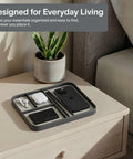 Pebble Black Vegan Leather Valet Tray for Nightstand, 9.5 by 7.9 inch medium catchall organizer with EDC items, on bedside table