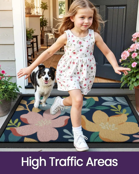 Colorful Floral Front Door Mat 17x30 Outdoor Entrance Doormat Slip Resistant Dirt Trapper For Patio Porch Garage Heavy Duty Welcome Mat For Home Decor Weather Resistant Easy To Clean Backing Keeps Dirt Out All Seasons at door with child and dog