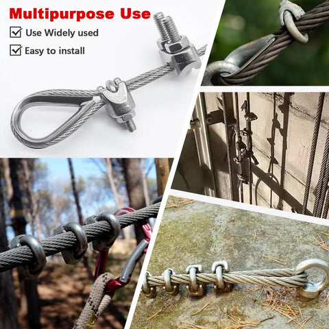 Heavy Duty 20 Piece 304 Stainless Steel Wire Rope Clip Clamp Kit with 15 Clips and 5 Thimbles, shown in rigging setups