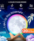 Image of 3D Moon Night Light For Kids Bedroom With Color Changing LED Globe on wooden stand, astronaut theme, 20-hour charge.