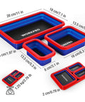 Four Piece Collapsible Magnetic Parts Tray Set With Dual Sided Magnets For Screws Nuts Pins Foldable Bolt Tray For Garage Or On The Go shown collapsed and expanded with size measurements.
