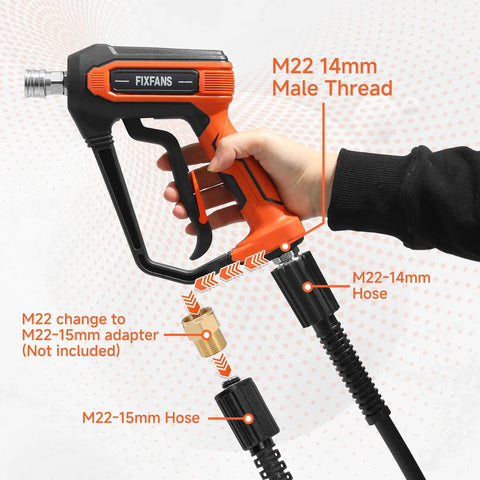Hand holding Pressure Washer Gun And Hose Kit With 25 Ft Heavy Duty Hose And Replacement Wand 5 Nozzle Tips M22 Fitting