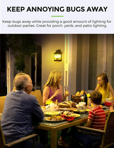 Family enjoying outdoor dining under Dusk To Dawn Outdoor A19 Photocell Sensor LED Bulbs 9W 60 Watt Equivalent Daylight 5000K 900 Lumens
