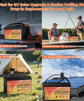 Collage of 12V 100Ah LiFePO4 Battery With Smart 100A BMS in RV, boat, tent, and solar setup