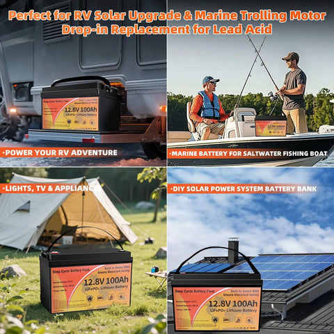 Collage of 12V 100Ah LiFePO4 Battery With Smart 100A BMS in RV, boat, tent, and solar setup
