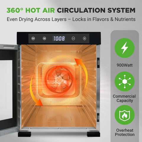 Electric Countertop Food Dehydrator With 900 Watt Motor And Ten Tier Stainless Steel Trays showing 360° hot air circulation system.