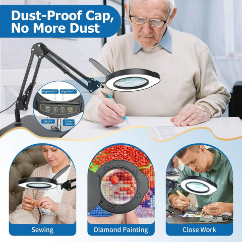 Man using Hands Free Magnifying Lamp With Light And Stand, 15X/30X Magnifier Glass for close work and crafts.