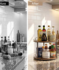 Before and after image showcasing the Dual Deck Lazy Susan Rotating Turntable Cabinet Organizer For Kitchen Spice Rack And Bulk Condiment Storage Rolls.