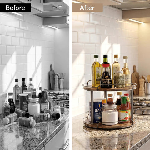 Before and after image showcasing the Dual Deck Lazy Susan Rotating Turntable Cabinet Organizer For Kitchen Spice Rack And Bulk Condiment Storage Rolls.