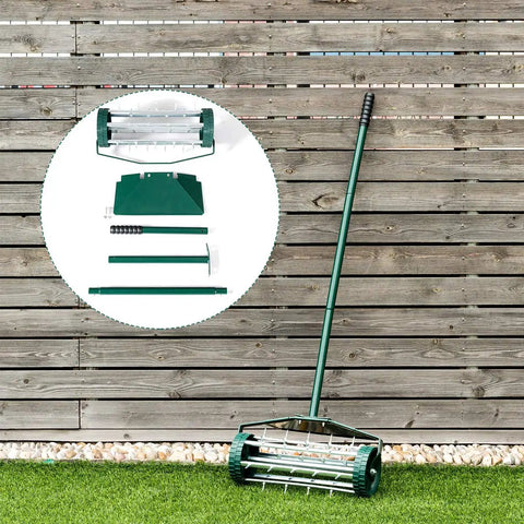 Rolling Lawn Aerator 18 Inch Garden Yard Rotary Push Tine Heavy Duty Spike Soil Aeration Manual Lawn Aeration Tool With 41 Inch Handle