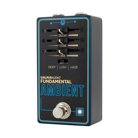 Fundamental Series Ambient Reverb Guitar Pedal with black finish, blue accents showing controls for decay, tone, and mix
