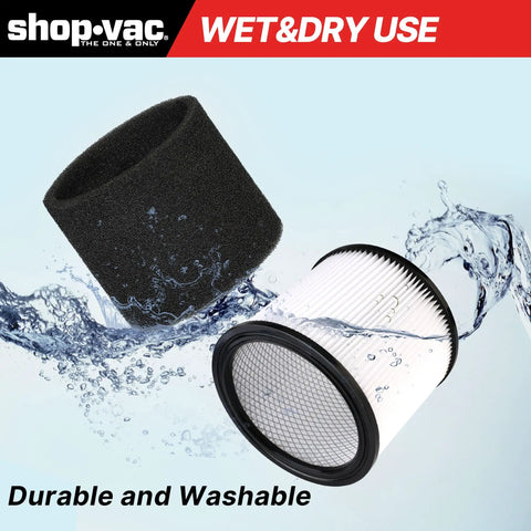 Cartridge Filter And Foam Sleeve Set For Most 5 Gallon And Larger Wet Dry Vacuums Includes Brush Tool Replacement Parts 9058500 9030400 9034400 3 Pieces with water splash.