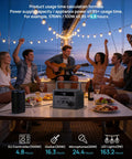 Friends enjoying music with 600W Solar Generator With 100W Panel 576Wh LiFePO4 Battery 1200W Surge Three AC Outlets Car Socket 100W USB C Two USB A Ports Emergency Backup Power Go To Hurricanes Camping RV and Off Grid Living on a boat during sunset, lights strung overhead.