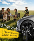 Portable Tire Inflator With Gauge 150 PSI next to a car tire, family in the background, and bike rider near a tent