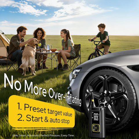 Portable Tire Inflator With Gauge 150 PSI next to a car tire, family in the background, and bike rider near a tent