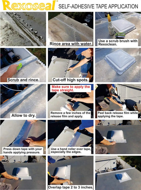 Application process of Reinforced Aluminum Backing All Weather Waterproof Repair Tape with hand roller and detailed steps.