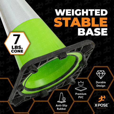 36 Inch Lime Green Traffic Cone With Dual 6 Inch And 4 Inch Reflective Collar Four Pack Heavy Duty PVC with weighted base