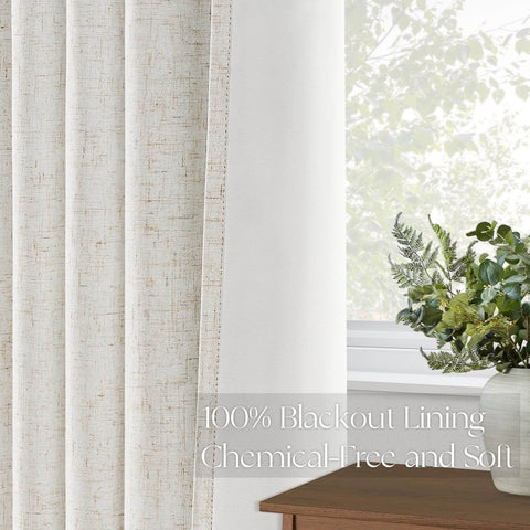 Extra Wide Blackout Linen Drapery Panel With Hooks, pinch pleat curtains installed on window, 72 by 96 inches, two layer lined shade.