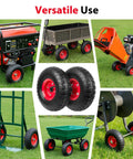 Collage of 4.10/3.50-4 tire and wheel set in use on generator, garden cart, hand truck, and utility cart.
