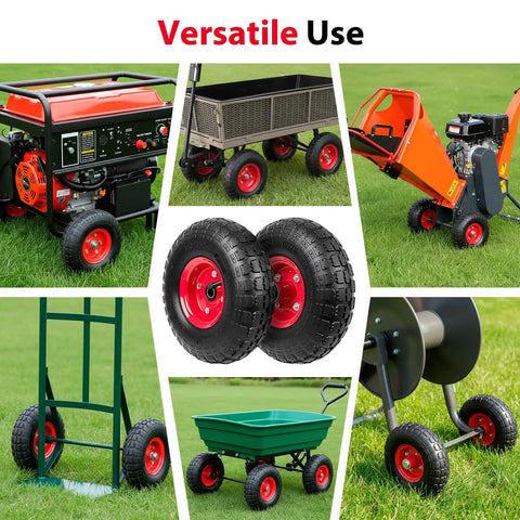Collage of 4.10/3.50-4 tire and wheel set in use on generator, garden cart, hand truck, and utility cart.