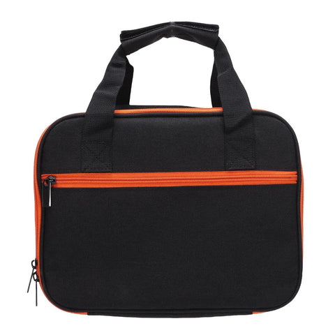Front view of Double Layer Protective Carrying Case For Circuit Breaker Finders And Electrician Tools with black fabric and orange zipper