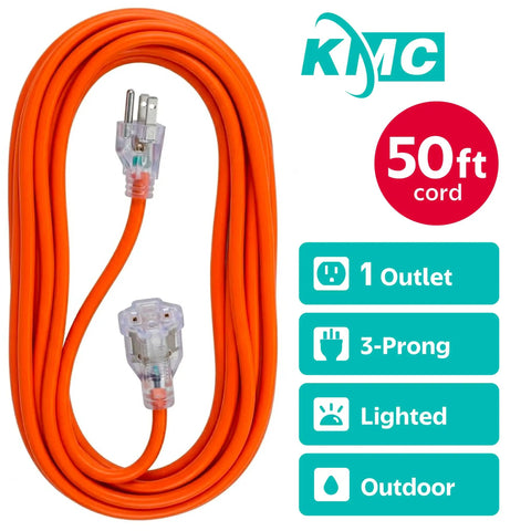 Heavy Duty Outdoor Extension Cord 50 Feet 16 AWG SJTW 16/3 Lighted Power Cord Bright Orange ETL Listed shown coiled with plugs
