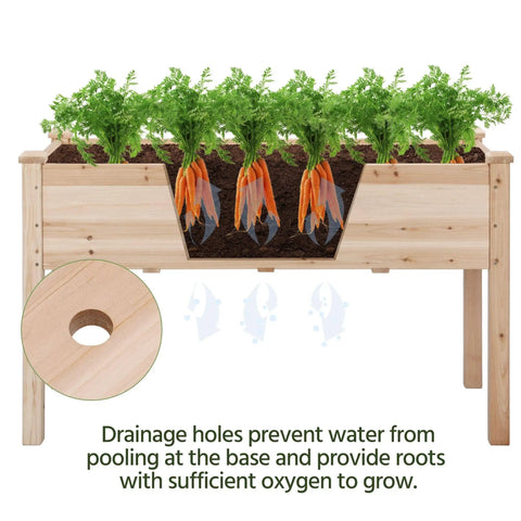 Two Piece Raised Garden Bed Set With Legged Planter Boxes, 48x24x30in Elevated Wooden Horticulture Beds For Backyard, Patio Or Balcony, Durable Fir Wood, Supports Up To 220.5 Lbs Soil, 15 Inch Soil Depth, showing carrots growing with visible drainage holes.