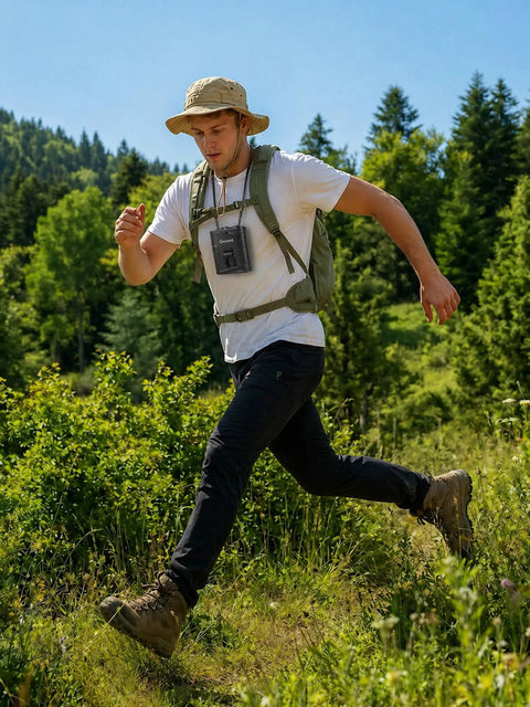 Man hiking with Waist Clip Fan Portable Personal Fan With 5000mAh Rechargeable Battery on chest through forest
