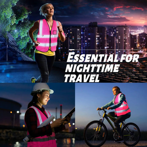 Pink High Visibility Safety Vests With Reflective Strips 10 Pack for construction, volunteers, event staff, running at night.