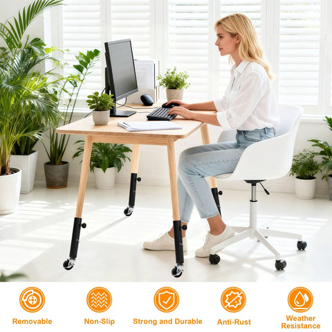 4 Pack Adjustable Table Leg Risers Featuring Smooth Rolling Casters Heavy Duty Metal Extenders in home office setup.