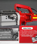 Powerful 1250W Electric Hydraulic Rebar Cutter With Pure Copper Motor For Fast Three Second Cuts Of 4 To 20 Mm Steel Rods Portable Construction Tool showcasing the cutting head against rebar.