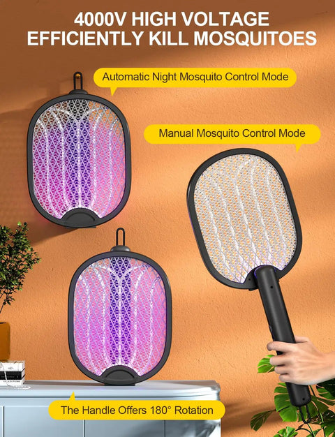 Electric Fly Swatter Bug Zapper Racket with 4000V Power shown in manual and automatic settings, 180-degree foldable design.