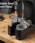 Close-up of Built Like A Tank 3 Ton Manual Arbor Press with stable steel anvil plate for precision metal fabrication.