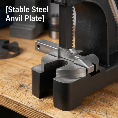 Heavy Duty 3 Ton Arbor Press With Adjustable Ratchet Lever For Precision Stamping And Press Fitting Compact Desktop Setup showing stable steel anvil plate.