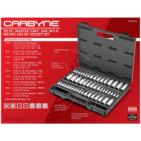 50 Piece Master Torx And Allen Socket Set In S2 Steel with SAE and Metric Hex and Star Bits in an open storage case.