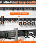Beefy 66 Inch Garage Tool Organizer Wall Mount With 13 Adjustable Heavy-Duty Hooks in use in garage setting, supporting weights