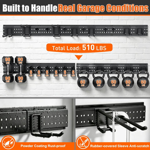 Beefy 66 Inch Garage Tool Organizer Wall Mount With 13 Adjustable Heavy-Duty Hooks in use in garage setting, supporting weights