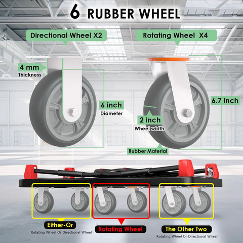Heavy Duty 2200 Lb Platform Truck With Six Smooth Glide Wheels And Foldable Dual Handrails showing rubber wheels with dimensions.