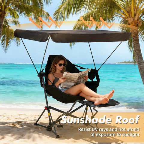 Woman relaxing in Portable Folding Hammock Camping Chair With Canopy And Footrest on beach, reading under adjustable shade