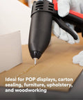 Applying Hot Melt Adhesive 3792 AE Clear with a glue gun on cardboard, ideal for POP displays and woodworking, 0.45 x 12 inch, low odor.