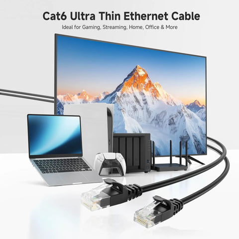 10Gbps Snagless Cat6 Ethernet Cable 25ft Slim Profile Patch Cord connecting laptop and router, ideal for home or office networking