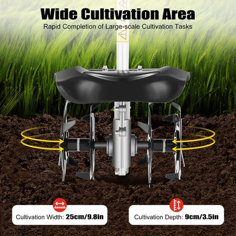 Gas Powered Garden Tiller With 43cc Two Stroke Engine showing cultivation width and depth in action, suitable for soil tasks.
